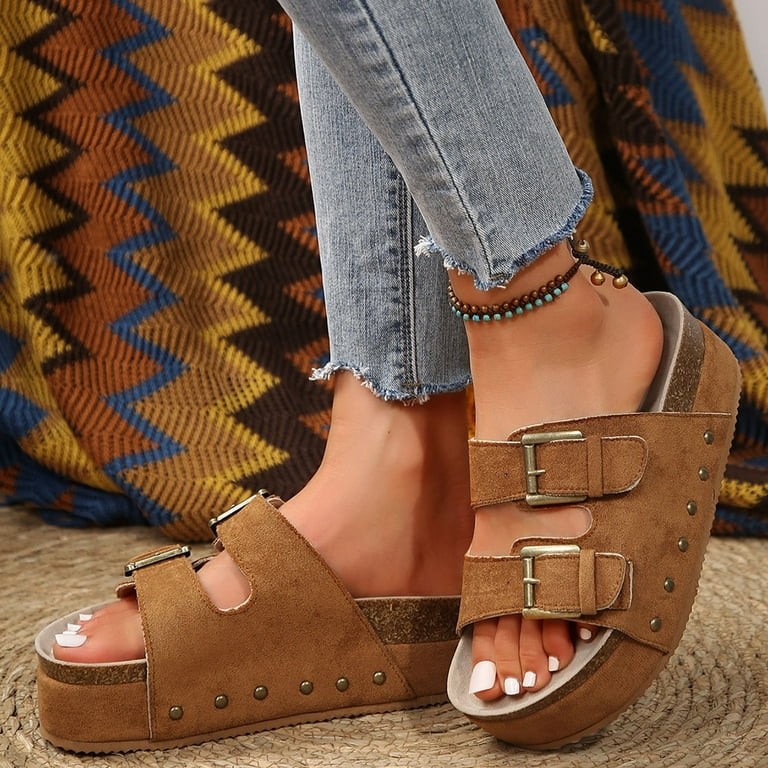 Dakaela Platform Sandals for Women Wedge Walking Shoes Double Buckles Cork Footbed Slide | Walmart (US)