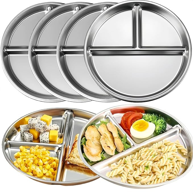 Stainless Steel Kids Plates Set of 6, 9 Inch Divided Plate for Adults and Toddlers,Metal Portion ... | Amazon (US)