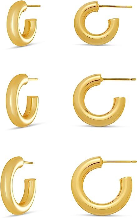 Amazon Essentials 14K Gold or Sterling Silver Plated Thick Tube Hoop Set | Amazon (US)