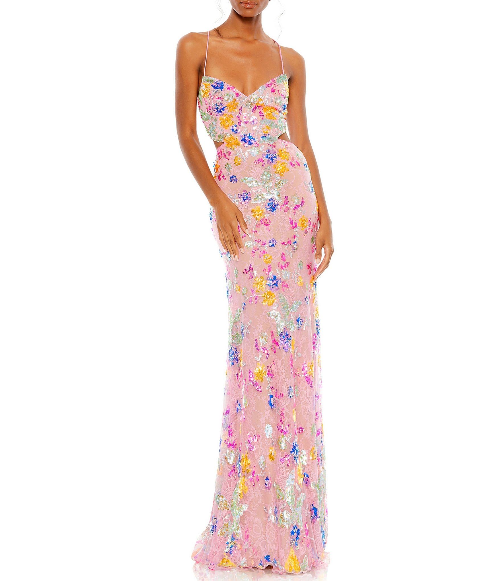 Embellished Floral Sweetheart Neck Spaghetti Strap Sleeveless Sheath Gown | Dillard's