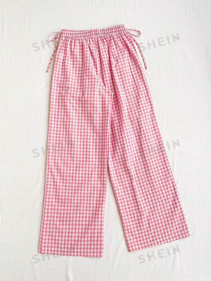 SHEIN WYWH Pink Plaid Romantic Casual Holiday Fun Pleated Bow Tie Cute Women's Trousers | SHEIN