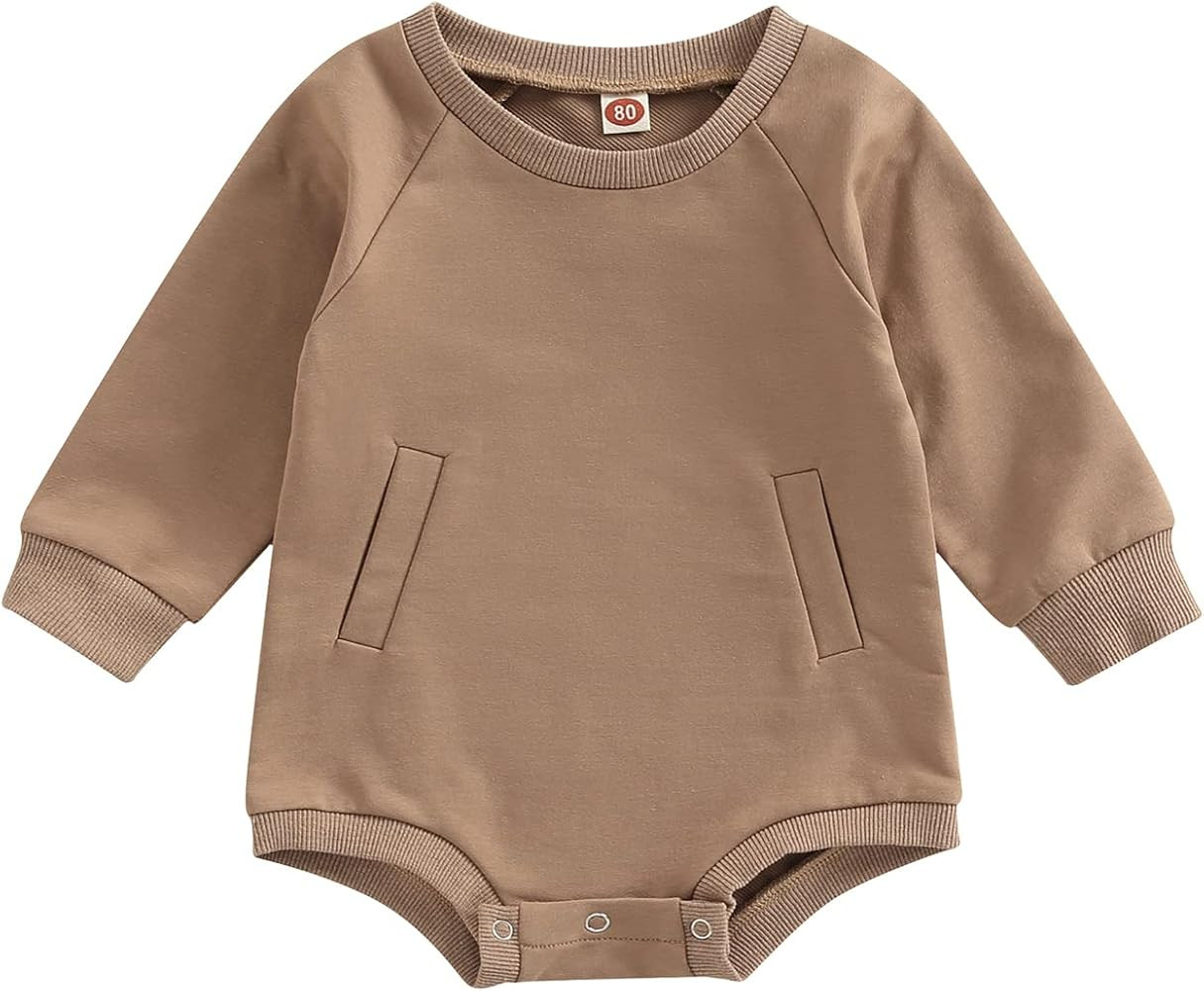 Hoanselay Newborn Infant Baby Boy Girl Basic Plain Pocket Long Sleeve Romper Bodysuit Tops Solid ... | Amazon (US)