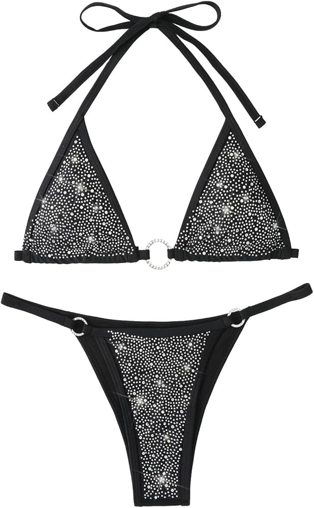 Women's Sparkly Rhinestone Halter Triangle O Ring Top String Thong High Cut Bottom 2 Pieces Bikin... | Amazon (US)