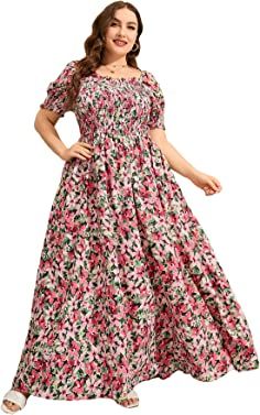 MakeMeChic Women's Plus Size Boho Floral Short Sleeve High Waist A Line Swing Maxi Dress | Amazon (US)