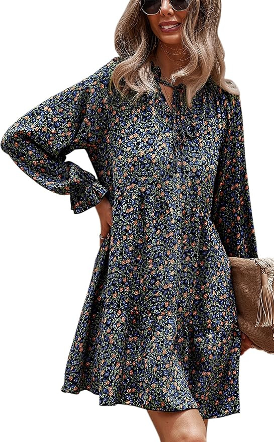 Theenkoln Women Dresses Summer Casual Long Sleeves Floral Button Down V Neck Boho Mini Sun Dress | Amazon (US)