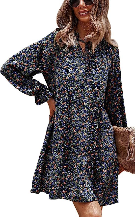 Theenkoln Women Dresses Summer Casual Long Sleeves Floral Button Down V Neck Boho Mini Sun Dress | Amazon (US)