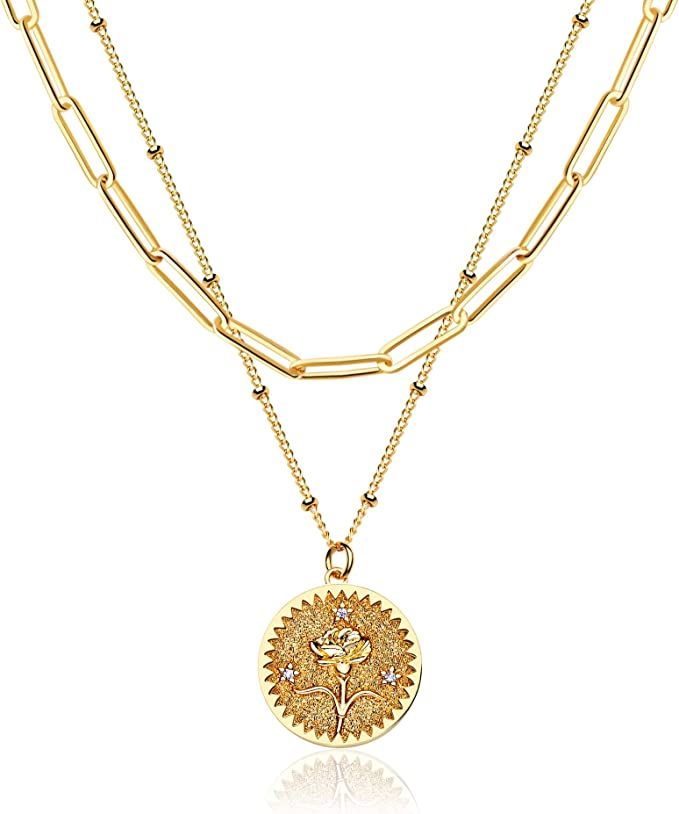 Valloey Rover Gold Layered Coin Necklace for Women Birth Flower Necklace 14K Gold Plated Dainty C... | Amazon (US)