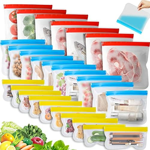 27 Pack Reusable Food Storage Bags BPA FREE,Leakproof Silicone Freezer Bags for Lunch Marinate Food  | Amazon (US)