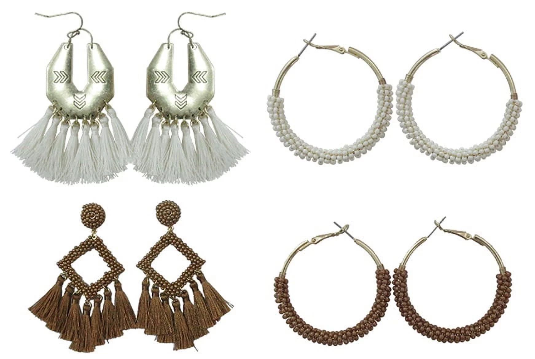 Time and Tru Women's Boho Chic Tassel Earrings Set - Brown & Winter White Hoops with Diamond & U-... | Walmart (US)