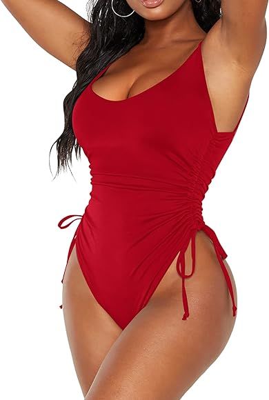 AOLRO Women's One Piece Swimsuit 2023 Drawstring Tummy Control Bathing Suits Cheeky High Cut Tie ... | Amazon (US)