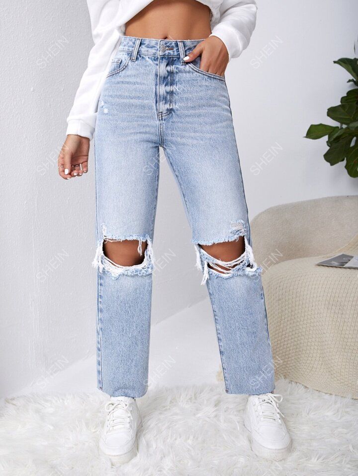 SHEIN EZwear Y2k Ripped Raw Cut Straight Leg Jeans | SHEIN