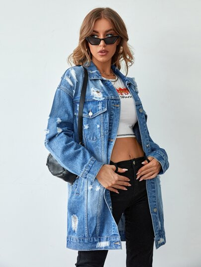 Bleach Wash Ripped Drop Shoulder Denim Jacket | SHEIN