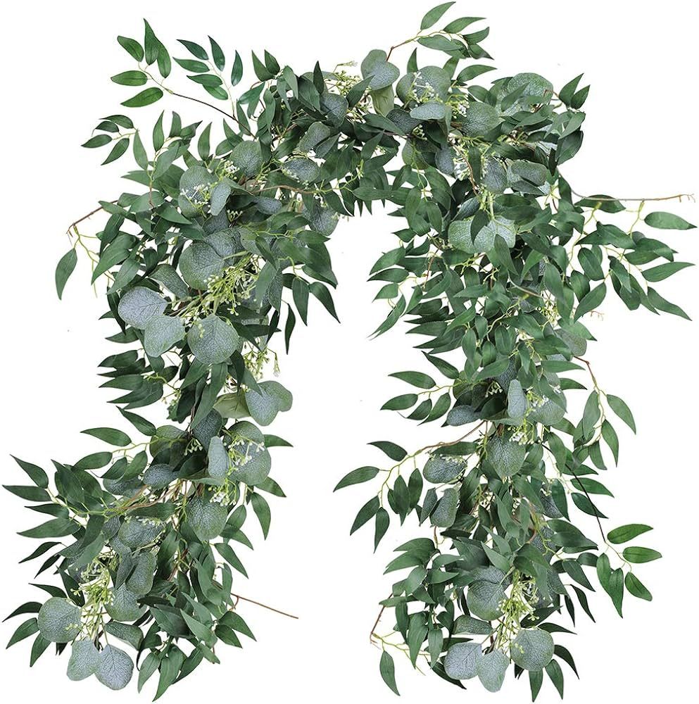 Fake Greenery Garlands Artificial Silver Dollar Eucalyptus Garland in Grey Green and Willow Twigs... | Amazon (US)