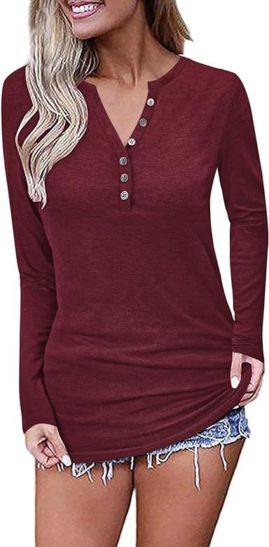 MISFAY Womens Long Sleeve V-Neck Button Causal Henley Tops Blouse | Amazon (US)