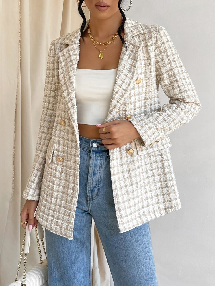 Plaid Double Breasted Flap Detail Tweed Blazer | SHEIN