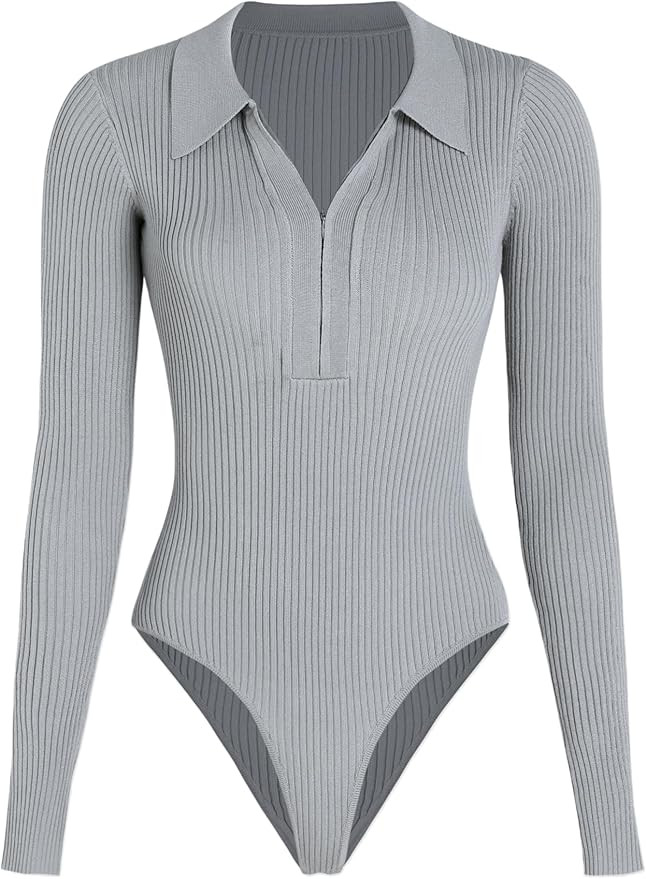 CIDER Women’s Long Sleeve Collared Zip Up Ribbed Knit Casual Bodysuits Slim Fit Tops | Amazon (US)