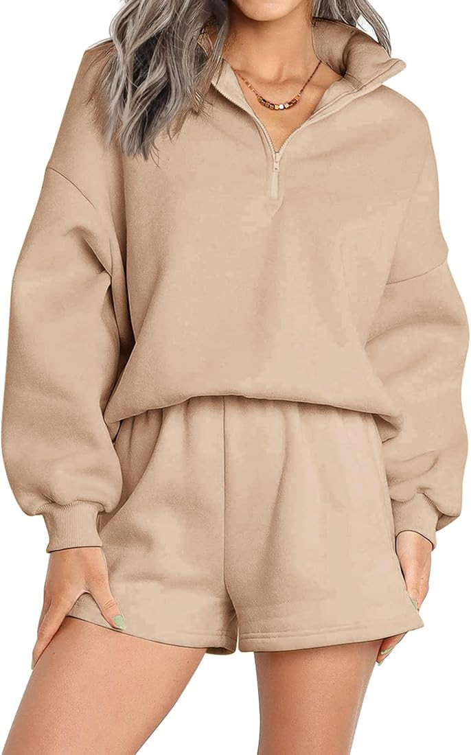 Ekouaer Womens Oversized Sweatshirts Hoodies Half Zip Pullover Lounge Long Sleeve Shorts Set | Amazon (US)