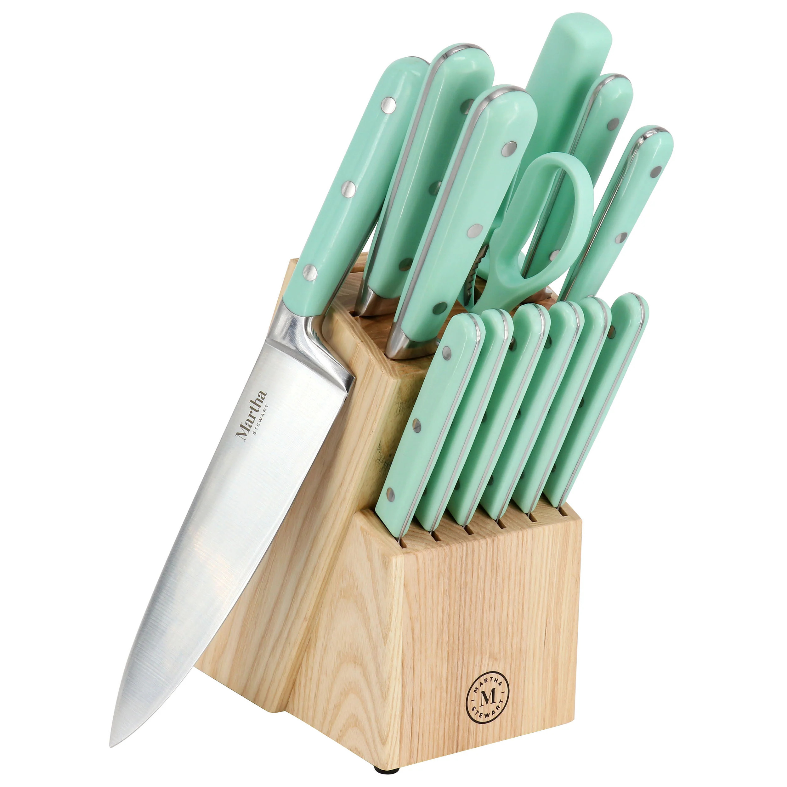 14 Piece Stainless Steel Cutlery and Wood Block Set in Mint | Shop Simon