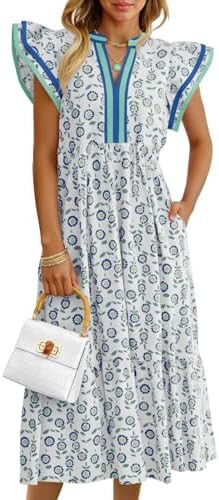 Wenrine Women's Cap Sleeve Midi Dress Summer Floral V Neck Flowy Boho Casual Beach Vacation Dress... | Amazon (US)