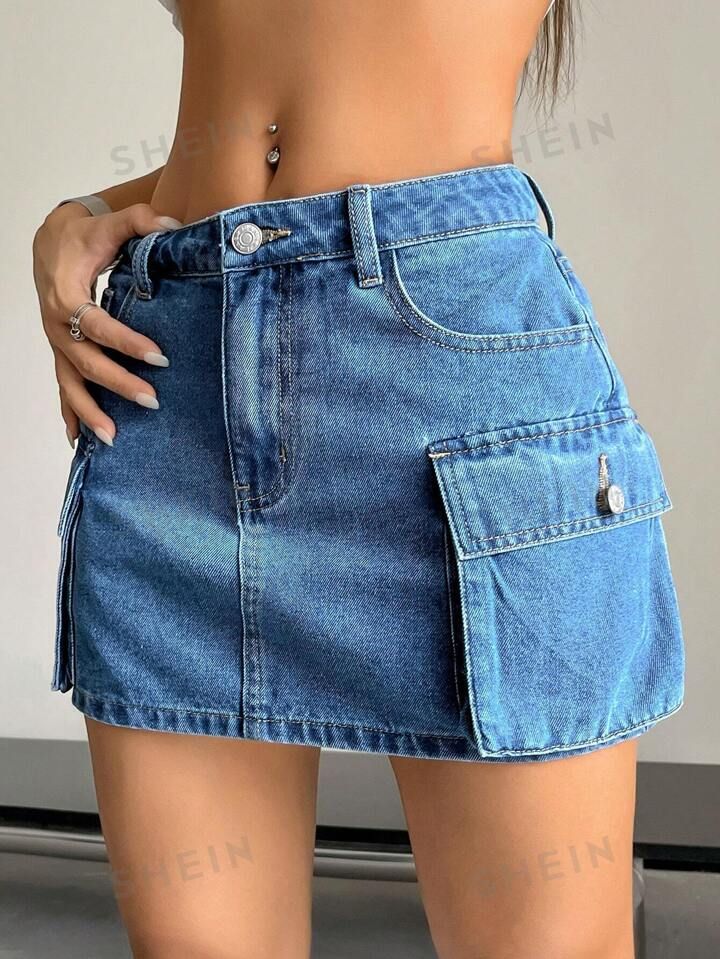SHEIN EZwear Women's Summer Flap Pocket Denim Skirt | SHEIN