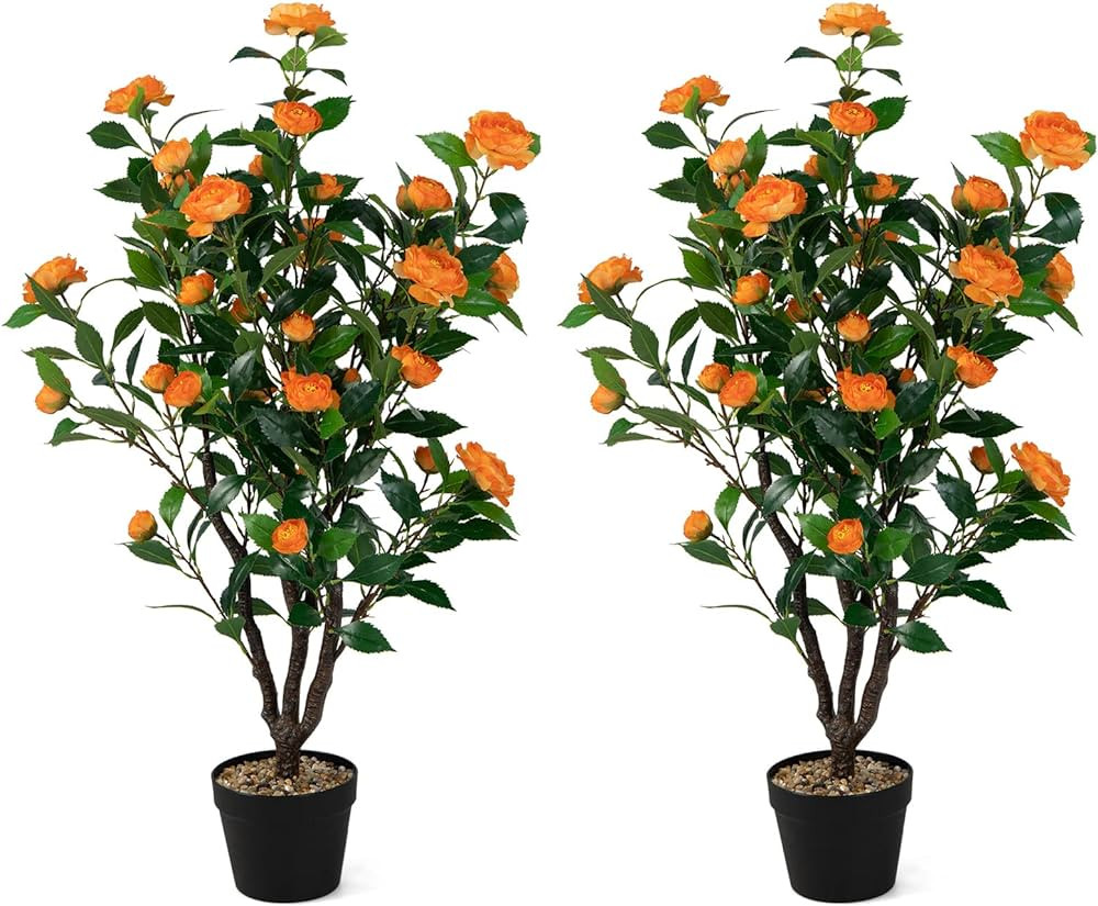 Goplus 40” Artificial Camellia Tree, 2 Pack Flower Plants Artificial Tree, Faux Floral Plant Bl... | Amazon (US)