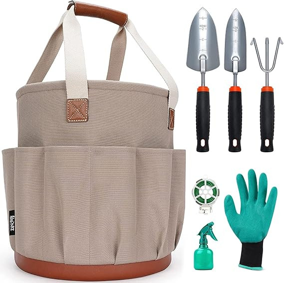 ZORMY 7 Piece Garden Tool Set with 5 Gallon Organizer Bucket, Garden Hand Tools Tote Bag with 18 ... | Amazon (US)