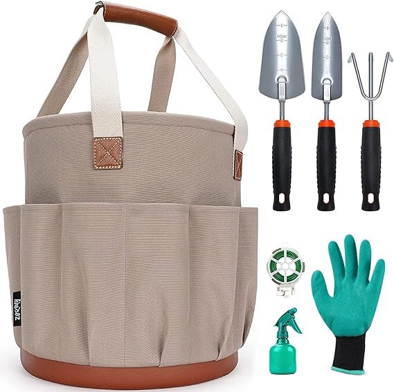ZORMY 7 Piece Garden Tool Set with 5 Gallon Organizer Bucket, Garden Hand Tools Tote Bag with 18 ... | Amazon (US)