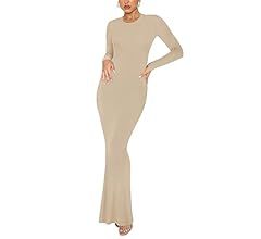 REORIA Women's Sexy Crew Neck Lounge Long Dress Elegant Long Sleeve Ribbed Bodycon Maxi Dresses  ... | Amazon (US)