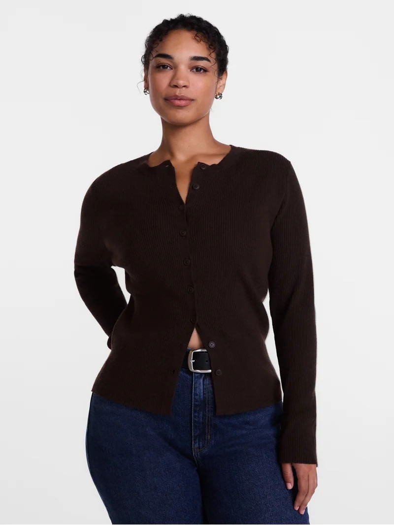 Scenario Women's and Women's Plus Ribbed Crewneck Cardigan Sweater, Lightweight, Sizes XS-4X | Walmart (US)