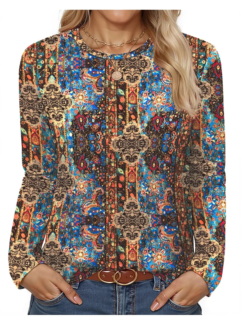 Fantaslook Women Tunic Tops Casual Long Sleeve Shirts Crew Neck Fall Tops Basic Tees Floral Dress... | Walmart (US)
