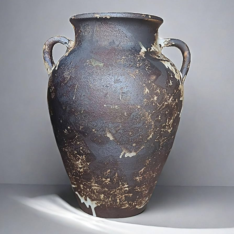 Black Pottery Vase - 10" Rustic Farmhouse vase, Vintage Weathered Terracotta Vases, Handmade Clay... | Amazon (US)