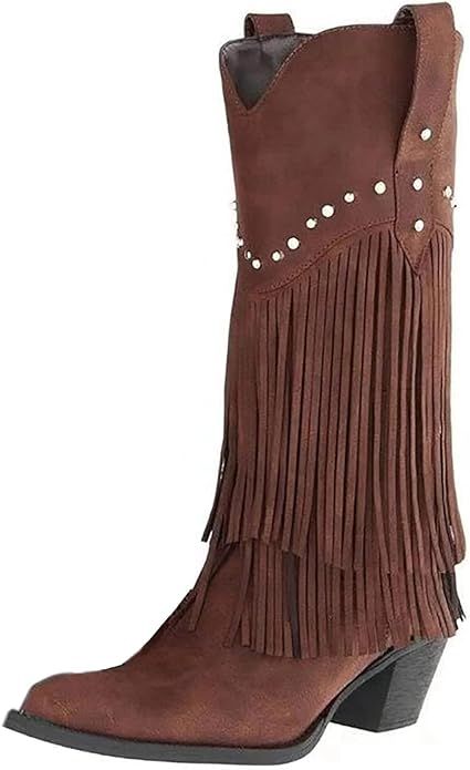 NueiVeiuo Women Fringe Boots Western Cowgirl Boots Block Heel Vintage Knee High Boots | Amazon (US)