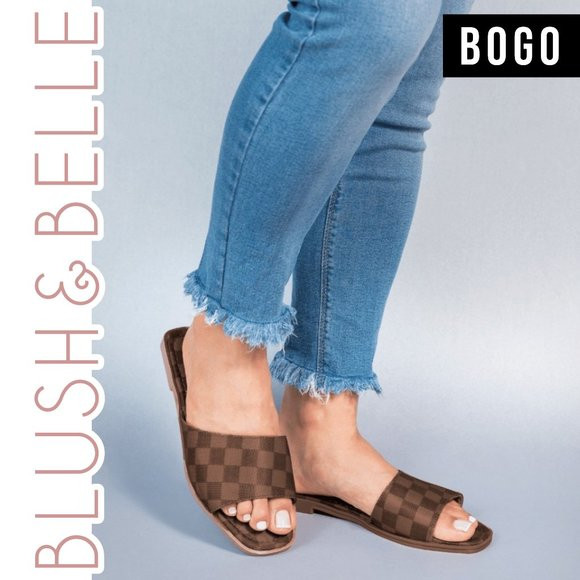 ???? Brown Checker Vegan Leather Slide Sandals | Poshmark