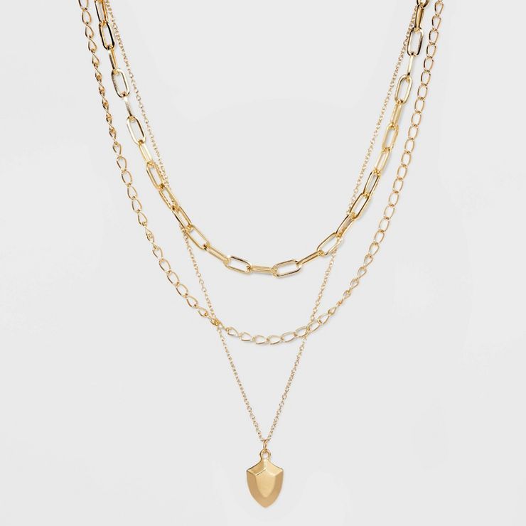 Multi-Strand Shield Pendant Chain Necklace - A New Day™ Gold | Target