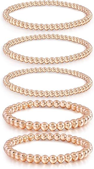 Gold Bead Bracelet for Women,14K Gold Plated Bead Ball Bracelet Stretchable Elastic Bracelet | Amazon (US)