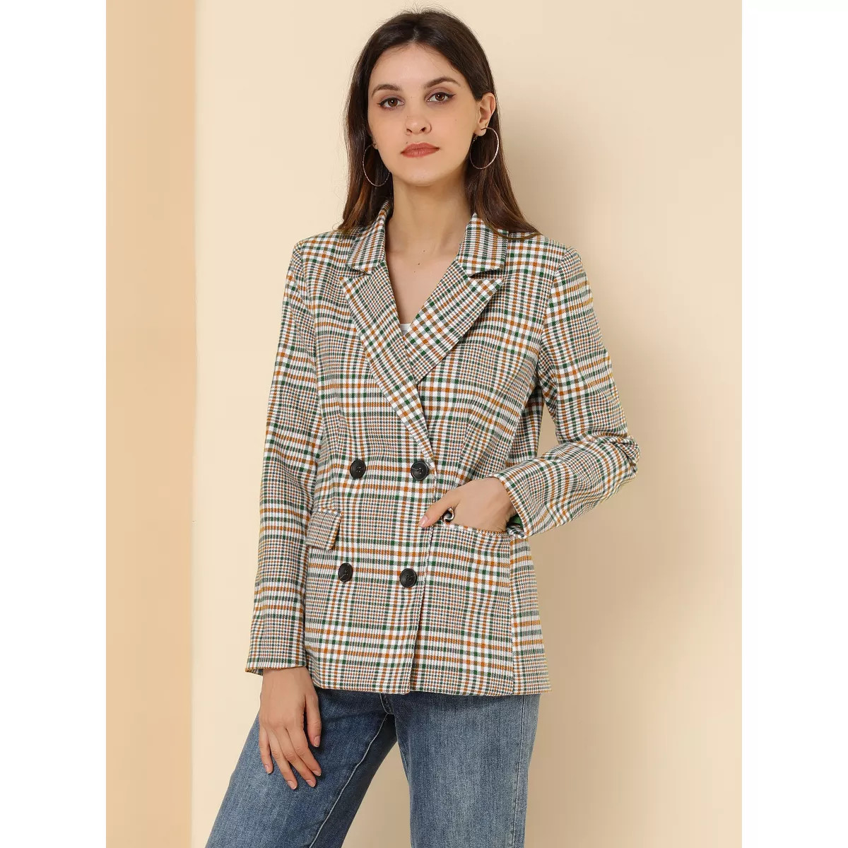 Allegra K Women's Casual Fit Notched Lapel Double Breasted Plaid Formal Blazer | Target