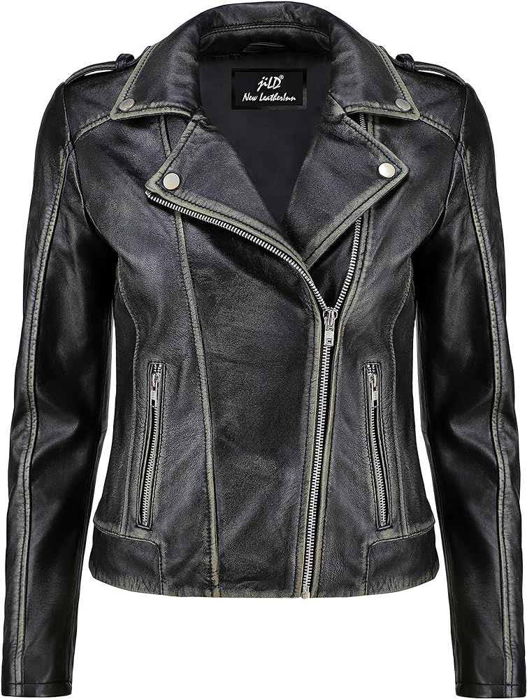 Biker Style Vintage Leather Jacket Women - Casual Fashion Motorcycle Zip-Up Lightweight Coat Coll... | Amazon (US)