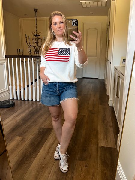 American Flag Sweater 🇺🇸 On sale for $21!  Denim shorts on sale for $17!  Wearing this for Fourth of July as well. 🎇

#LTKstyletip #LTKsalealert #LTKSeasonal