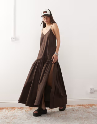 Monki tiered floaty maxi dress with low tie back detail in dark brown | ASOS (Global)