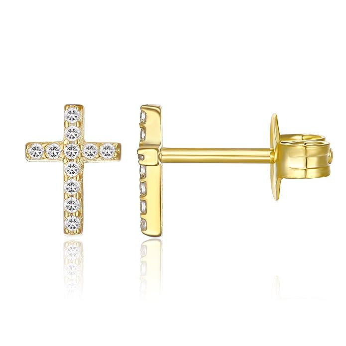 PAVOI 14K Gold Plated Girls Sterling Silver Earrings | Pave CZ Gold Cross Earrings for Women | Amazon (US)