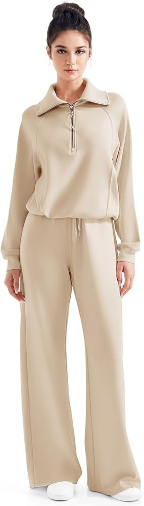 SUUKSESS Women 2 Piece Lounge Matching Set Wide Leg Sweatpant Half Zip Sweatshirt | Amazon (US)