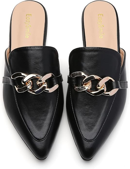 EasySmile Metal Chain Decor Flat Mules for Women Closed Pointed Toe Slip on Loafers Slides Backle... | Amazon (US)