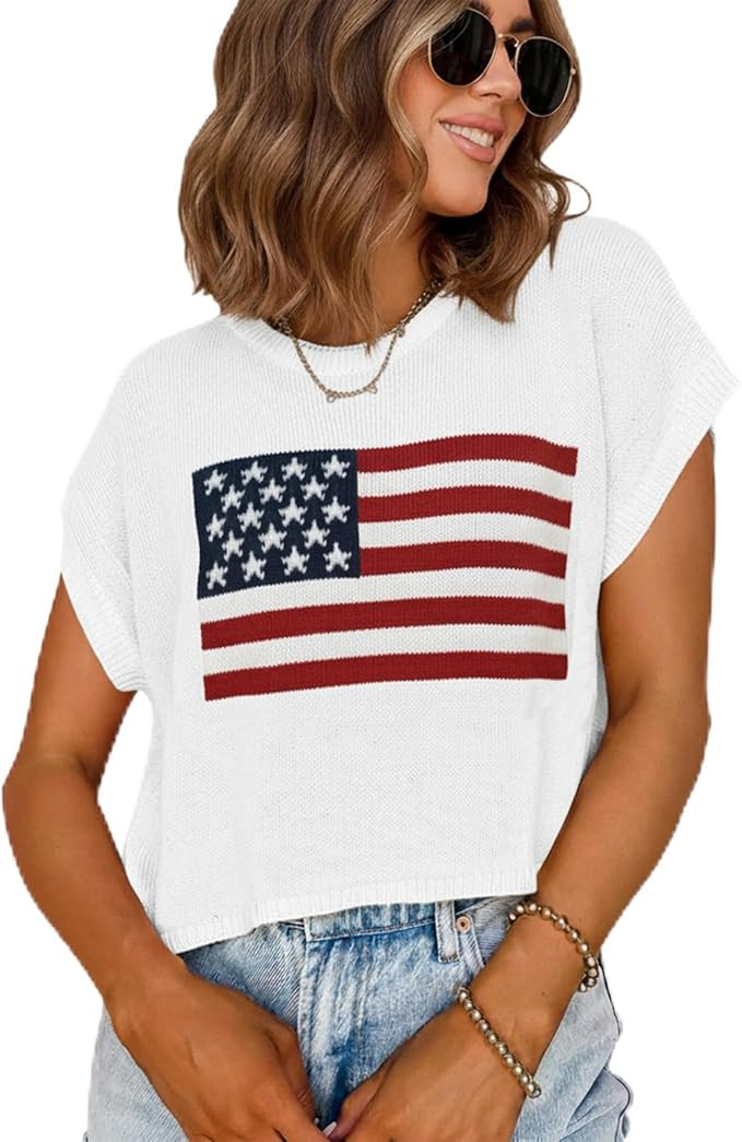 Women's American Flag Pattern Long Sleeve Lightweight Round Neck Sweater Casual Loose Pullover Ca... | Amazon (US)