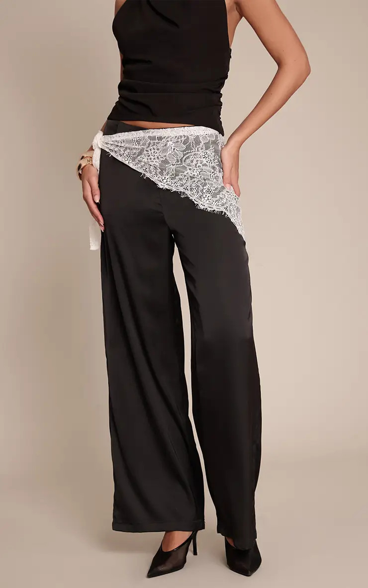 Black Lace Wrap Detail Satin Wide Leg Trousers | PrettyLittleThing US