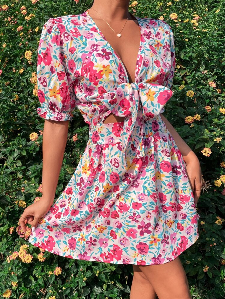 Knot Front Plunging Neck Allover Floral Dress | SHEIN