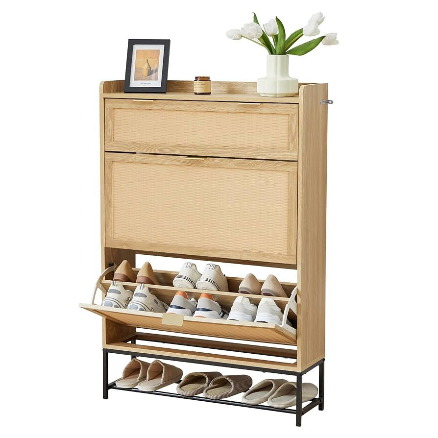Hidden Shoe Cabinet for Entryway Slim, Free Standing Narrow Shoe Rack Cabinet Rattan Carving, 2 F... | Amazon (US)