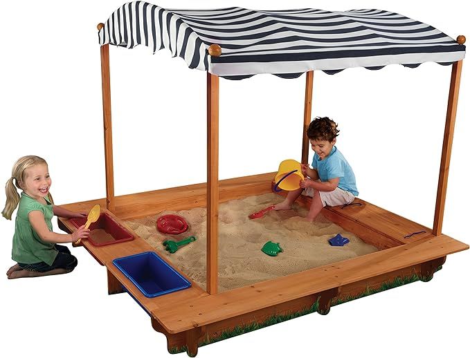 KidKraft Outdoor Covered Wooden Sandbox with Bins and Striped Canvas Canopy, Kids' Outdoor Furnit... | Amazon (US)
