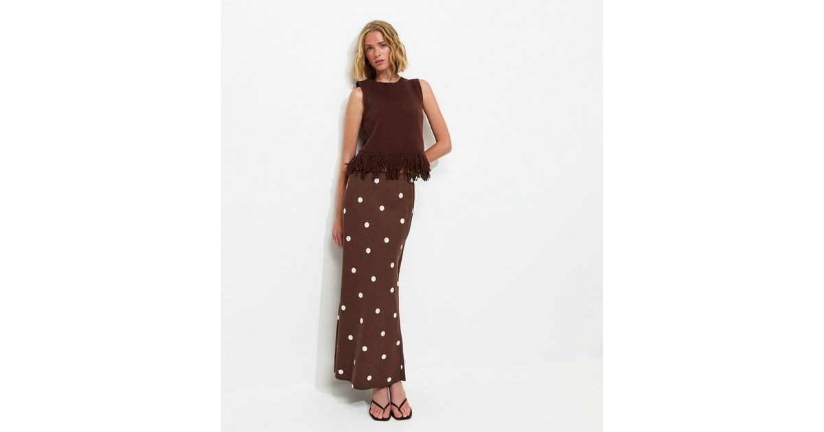 Brown Linen Blend Polka Dot Bias Cut Midi Skirt | New Look | New Look (UK)