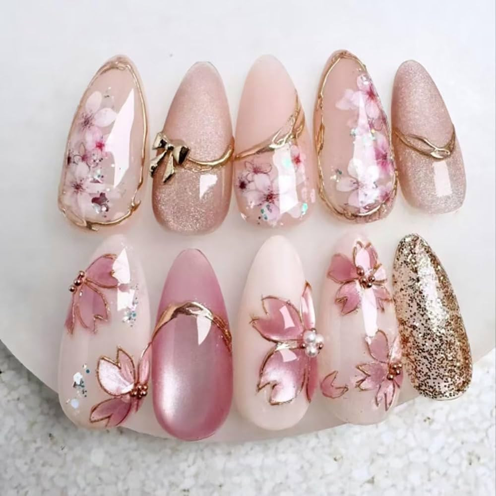 Flower Press on Nails Long Almond Fake Nails Pink Nude False Nails Peach Blossom Petals Glitter G... | Amazon (US)