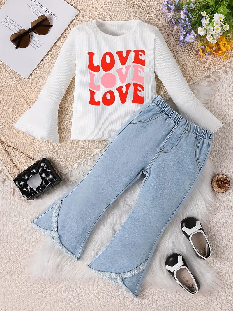 2pcs/set, Girl's Valentine's Day Love Print Long Sleeve Shirt & Comfy Jeans | Temu Affiliate Program